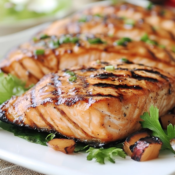 Grilled salmon fillet with herbs and lemon slices on a plate