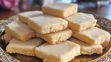 Golden shortbread cookies stacked on a plate with sugar dusting