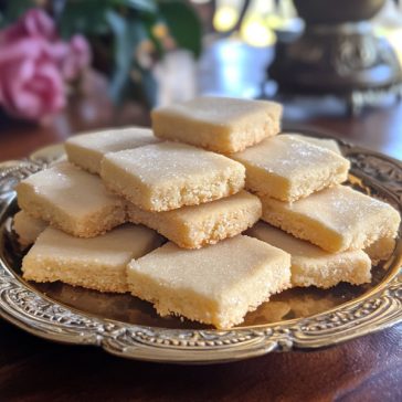 Golden shortbread cookies stacked on a plate with sugar dusting
