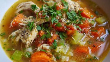 Cozy bowl of marry me chicken soup with creamy broth, tender chicken, sun-dried tomatoes, and fresh herbs.