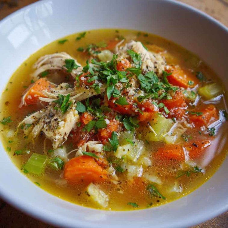 Cozy bowl of marry me chicken soup with creamy broth, tender chicken, sun-dried tomatoes, and fresh herbs.