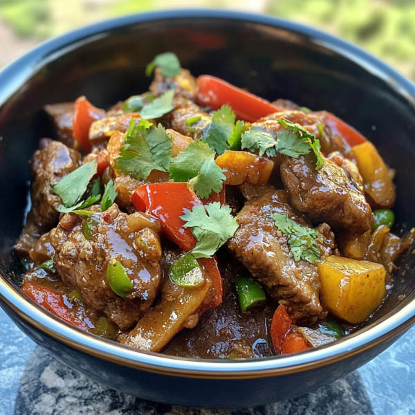 Xinjiang cumin lamb stir fry with sliced lamb, cumin spices, red chilies, and onions in a wok.
