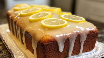 Freshly baked glazed lemon loaf on a wooden board with sliced lemons