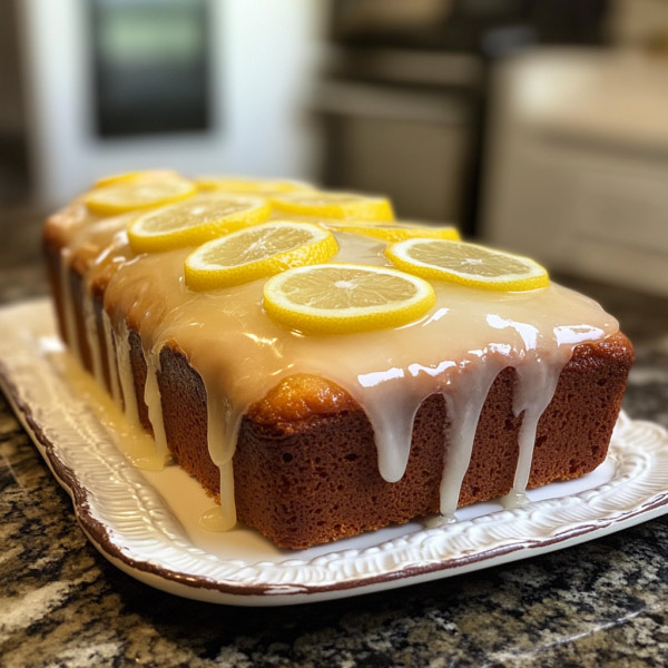 Freshly baked glazed lemon loaf on a wooden board with sliced lemons
