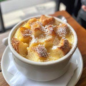 Golden bread and butter pudding baked with custard and raisins in a dish