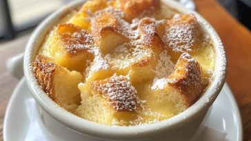 Golden bread and butter pudding baked with custard and raisins in a dish