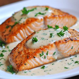 Pan-seared salmon fillets topped with creamy garlic sauce and fresh herbs