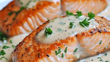 Pan-seared salmon fillets topped with creamy garlic sauce and fresh herbs
