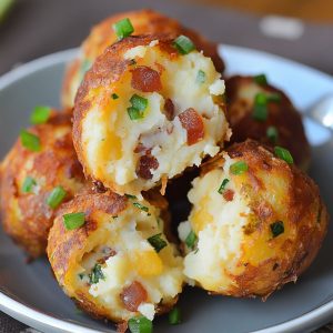 Golden fried mashed potato balls stuffed with melted cheese, bacon, and chives, served on a platter.