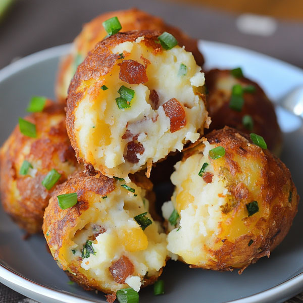 Golden fried mashed potato balls stuffed with melted cheese, bacon, and chives, served on a platter.
