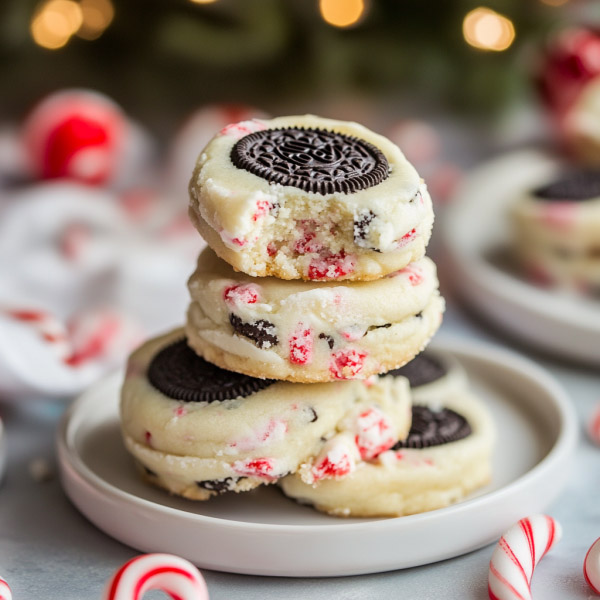 Stack of cookies with peppermint pieces