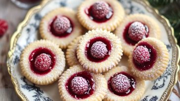 Golden raspberry jam drop cookies with jam centers on a baking tray.