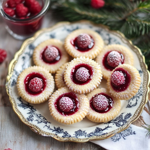 Golden raspberry jam drop cookies with jam centers on a baking tray.