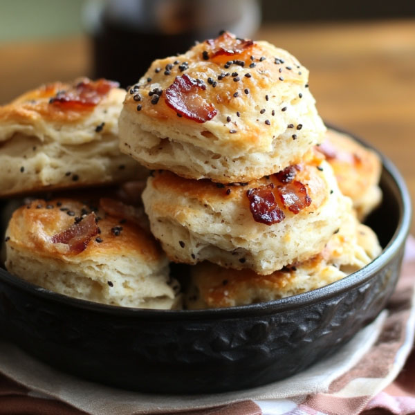 Golden biscuits with melted cheddar, crispy bacon pieces, and a sprinkle of black pepper.