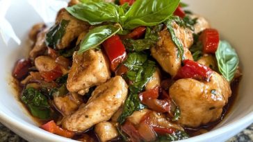 Thai basil chicken stir fry with rice and fresh basil leaves