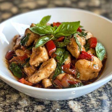 Thai basil chicken stir fry with rice and fresh basil leaves