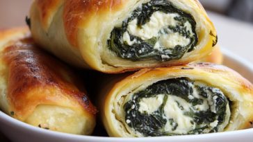 Spinach and ricotta rolls with golden puff pastry on a plate