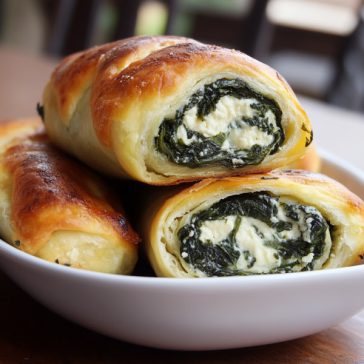 Spinach and ricotta rolls with golden puff pastry on a plate