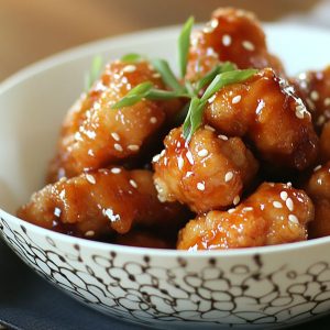 Golden crispy honey chicken served on a plate, coated in sticky sweet honey glaze with sesame seeds.