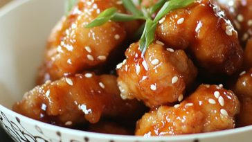 Golden crispy honey chicken served on a plate, coated in sticky sweet honey glaze with sesame seeds.