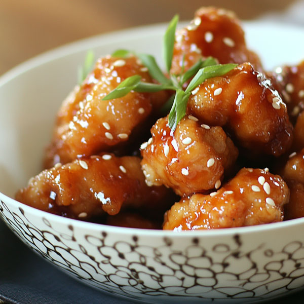Golden crispy honey chicken served on a plate, coated in sticky sweet honey glaze with sesame seeds.