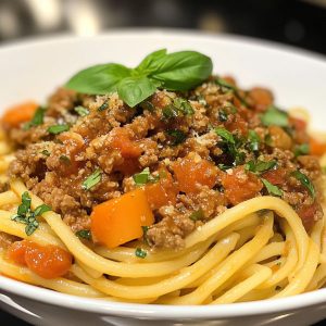 Bowl of pasta topped with turkey bolognese sauce and fresh basil.