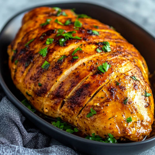 Slow cooker turkey breast sliced and served with herbs