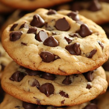 Soft chocolate chip cookies with gooey melted chocolate on a plate