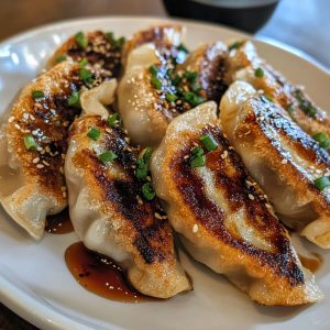 Golden pan-fried pork potstickers served with soy dipping sauce.
