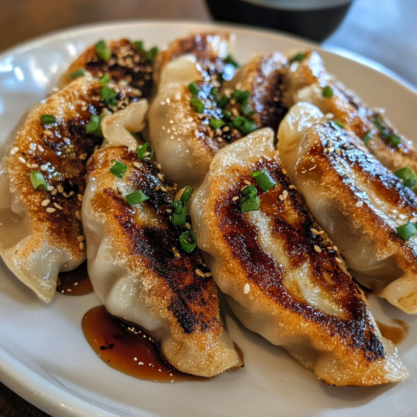 Golden pan-fried pork potstickers served with soy dipping sauce.