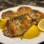 Instant Pot lemon chicken thighs garnished with lemon slices and herbs in a light, golden sauce.