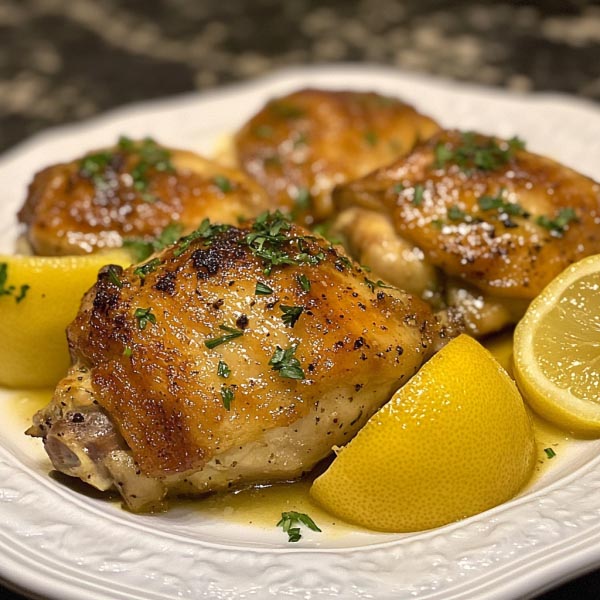 Instant Pot lemon chicken thighs garnished with lemon slices and herbs in a light, golden sauce.