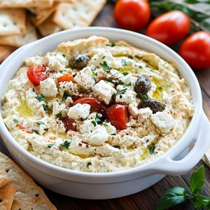 Bowl of creamy Greek feta dip garnished with olive oil and fresh herbs.