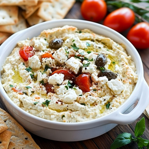 Bowl of creamy Greek feta dip garnished with olive oil and fresh herbs.