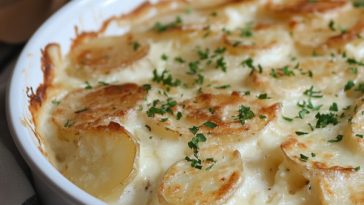 Golden creamy potato gratin baked with cheese in a rustic casserole dish.
