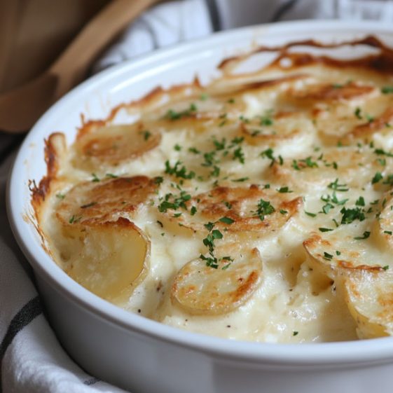 Golden creamy potato gratin baked with cheese in a rustic casserole dish.