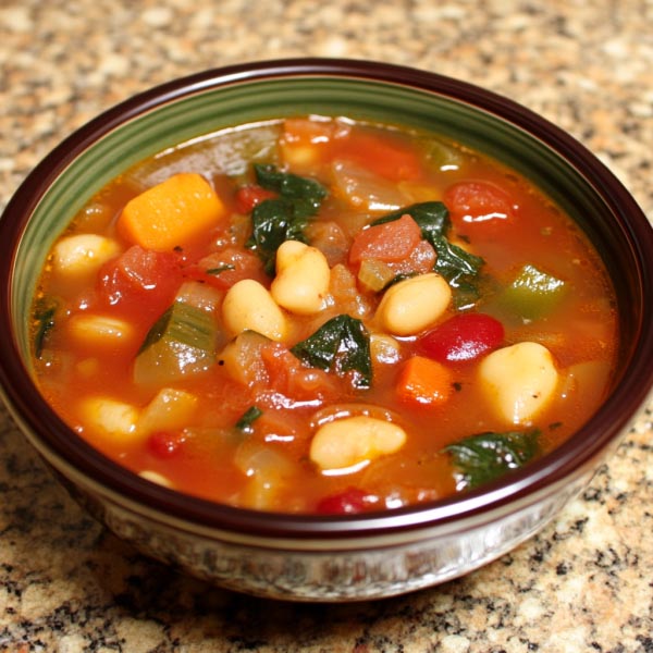 Bowl of classic minestrone soup with pasta, beans, and vegetables