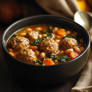 Meatball, bean, and escarole soup served in a rustic bowl with tender meatballs, white beans, and leafy escarole simmered in a savory broth, garnished with Parmesan cheese.