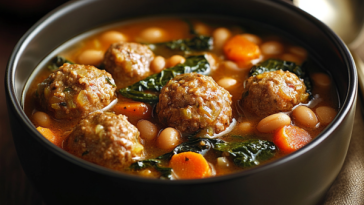 Meatball, bean, and escarole soup served in a rustic bowl with tender meatballs, white beans, and leafy escarole simmered in a savory broth, garnished with Parmesan cheese.