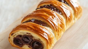 Pain au chocolat loaf sliced to reveal layers of buttery pastry filled with rich melted chocolate, served on a wooden board with a dusting of powdered sugar.
