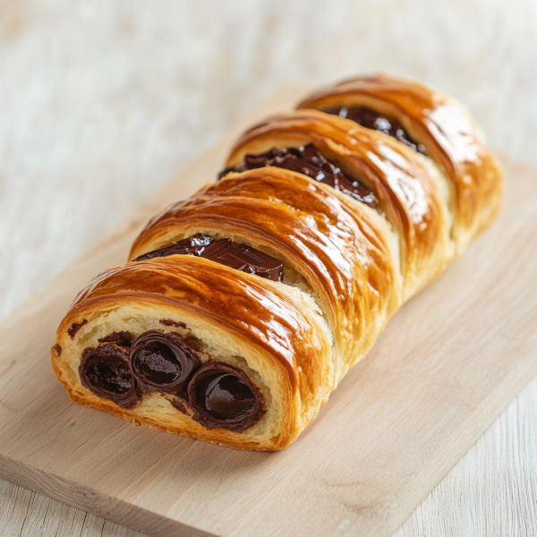 Pain au chocolat loaf sliced to reveal layers of buttery pastry filled with rich melted chocolate, served on a wooden board with a dusting of powdered sugar.
