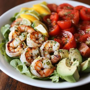 Shrimp Cobb salad served in a large bowl with grilled shrimp, avocado, cherry tomatoes, hard-boiled eggs, bacon, and romaine lettuce, drizzled with cilantro lime vinaigrette.