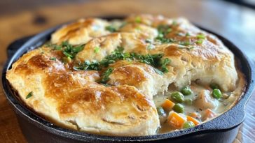Biscuit pot pie baked golden brown in a casserole dish, filled with creamy chicken and vegetable filling, topped with fluffy biscuits, served hot and garnished with parsley.