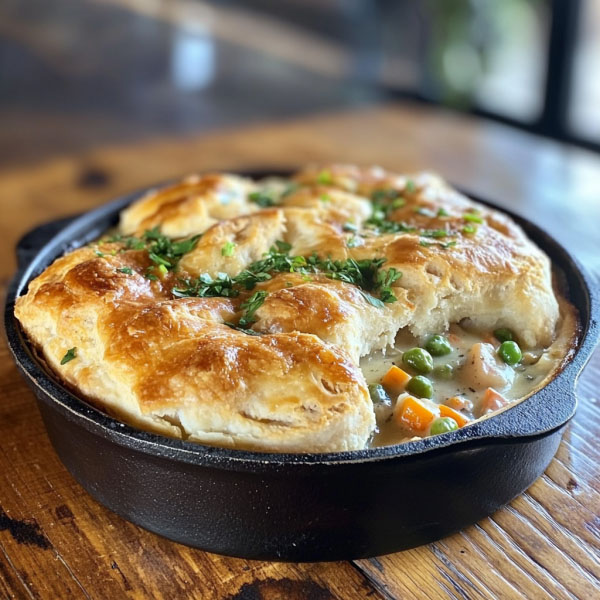 Biscuit pot pie baked golden brown in a casserole dish, filled with creamy chicken and vegetable filling, topped with fluffy biscuits, served hot and garnished with parsley.