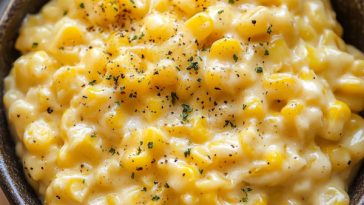 Easy creamed corn served in a rustic bowl, made with sweet corn kernels simmered in a creamy sauce, garnished with fresh herbs.