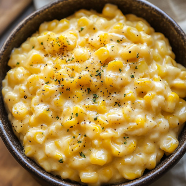 Easy creamed corn served in a rustic bowl, made with sweet corn kernels simmered in a creamy sauce, garnished with fresh herbs.