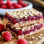 Raspberry Jam Oat Bars Recipe with buttery oat crumble topping and sweet raspberry jam layers sliced into squares.