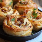 Golden flaky pastry rolls filled with crispy bacon and caramelized onions, served warm on a rustic plate.