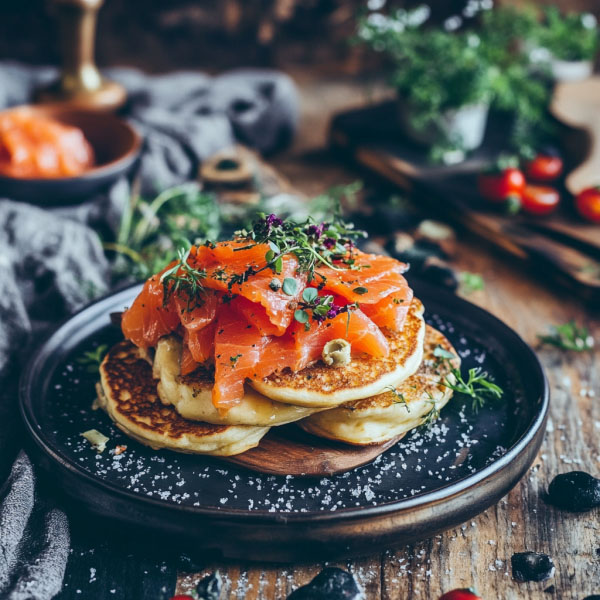“Mini blinis topped with smoked salmon, cream cheese, and fresh dill served on a platter.”