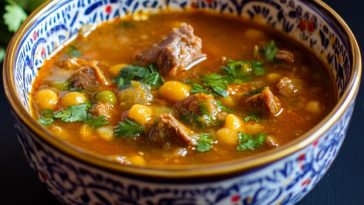 Traditional Moroccan Harira soup with lamb, chickpeas, lentils, and fresh herbs served in a clay bowl